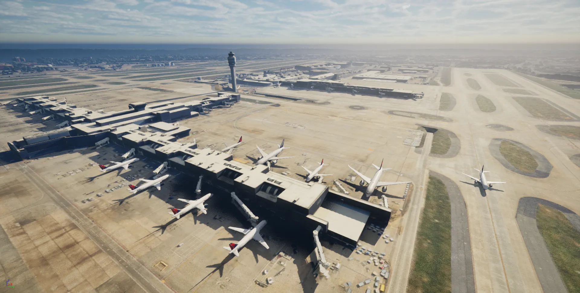AutoVerse rendering of Atlanta airport with gate-level detail, ground vehicles, and aircraft at gates